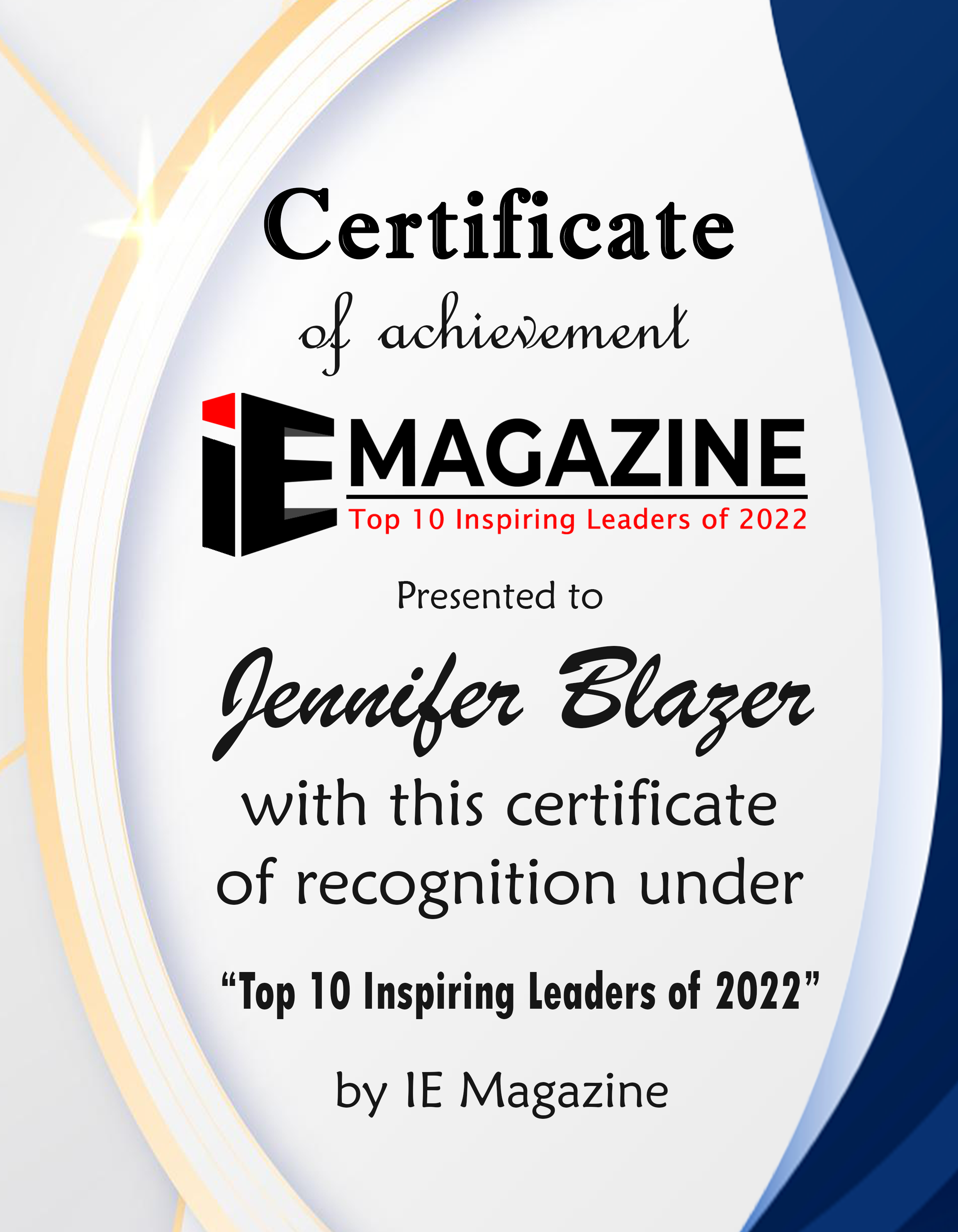 Jennifer Blazer, Founder and Managing Member of BBP Services LLC Certificate