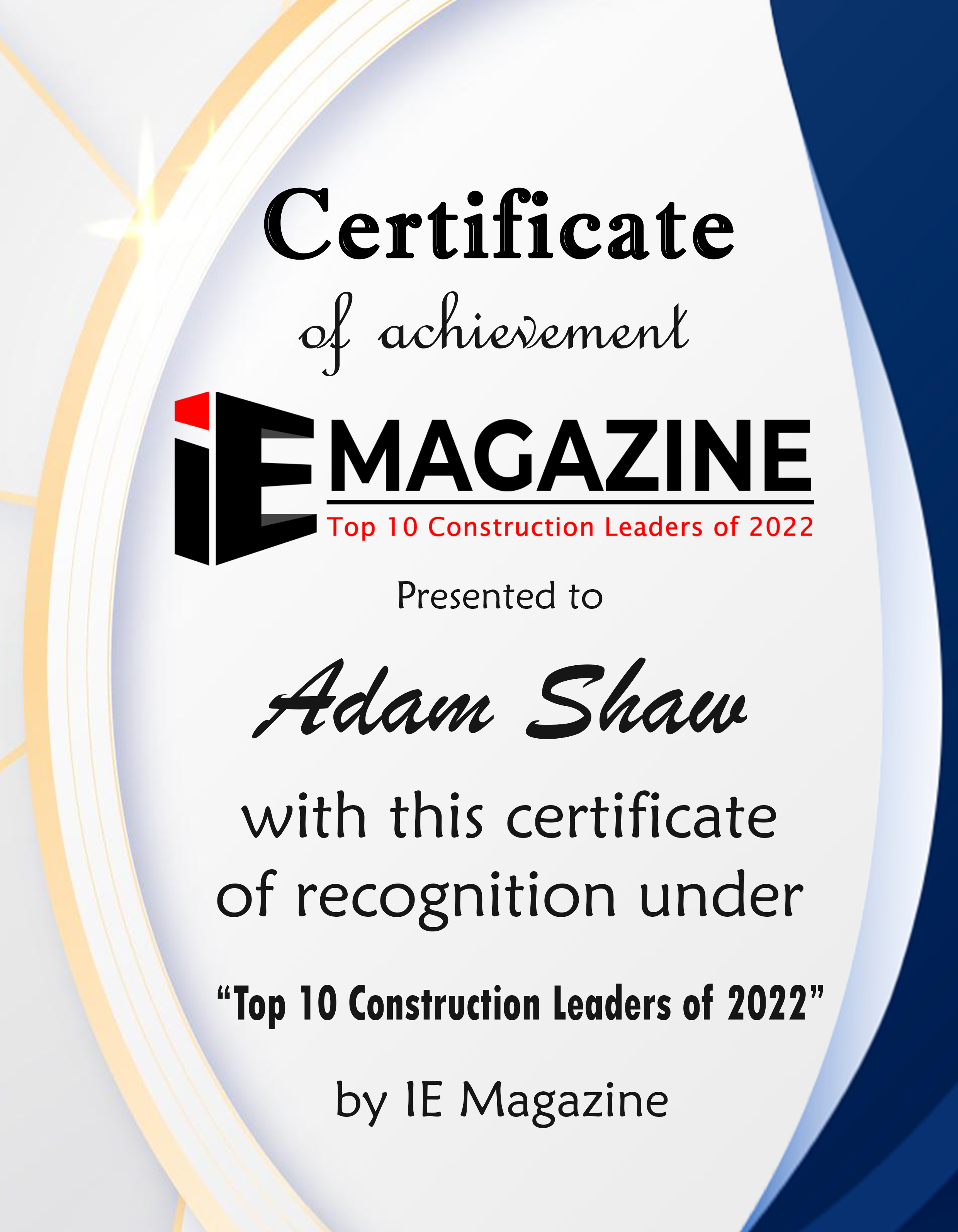 Adam Shaw, Chief Executive Officer of Builders Protection Group, LLC Certificate