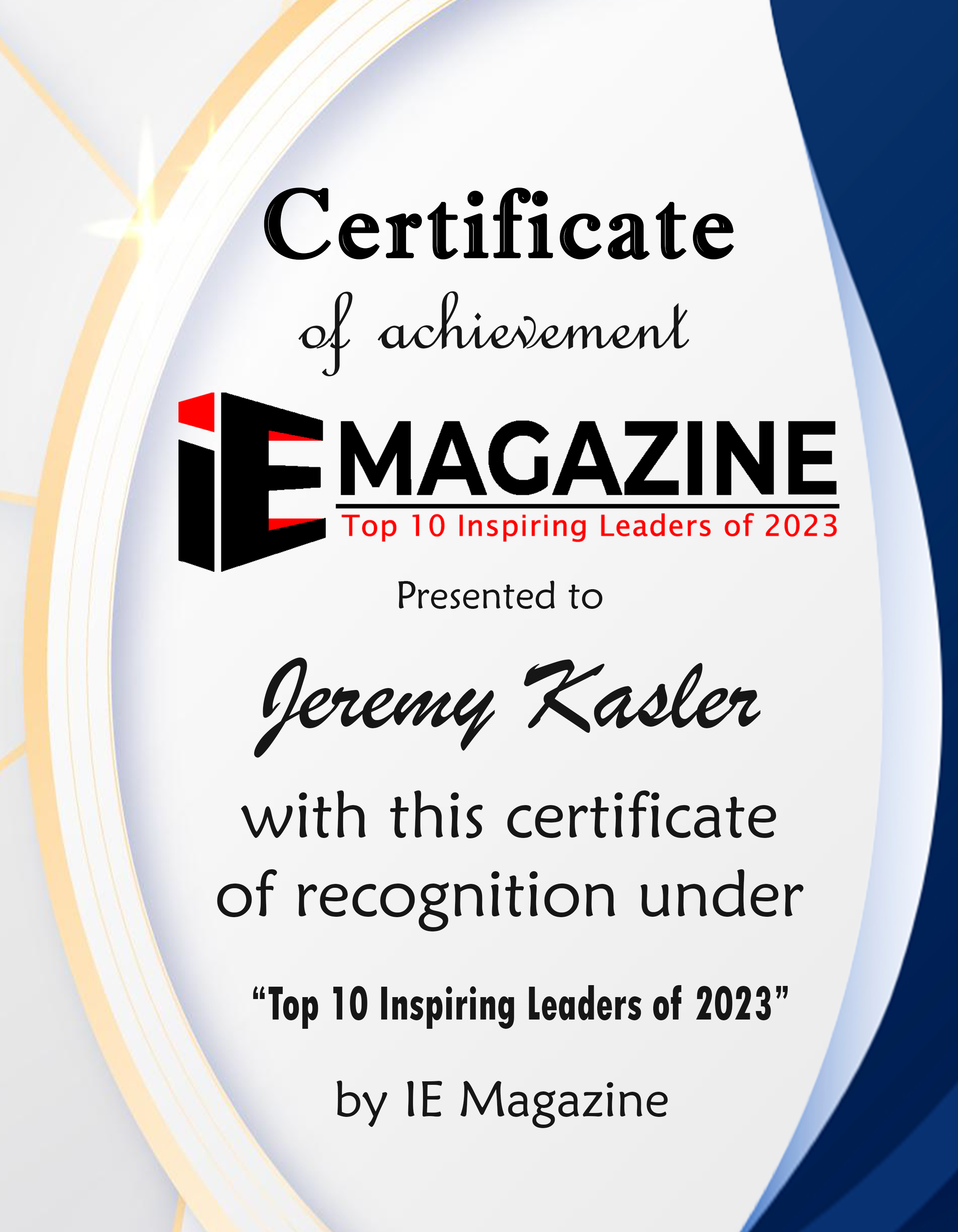 Jeremy Kasler, CEO of CaskX  Certificate