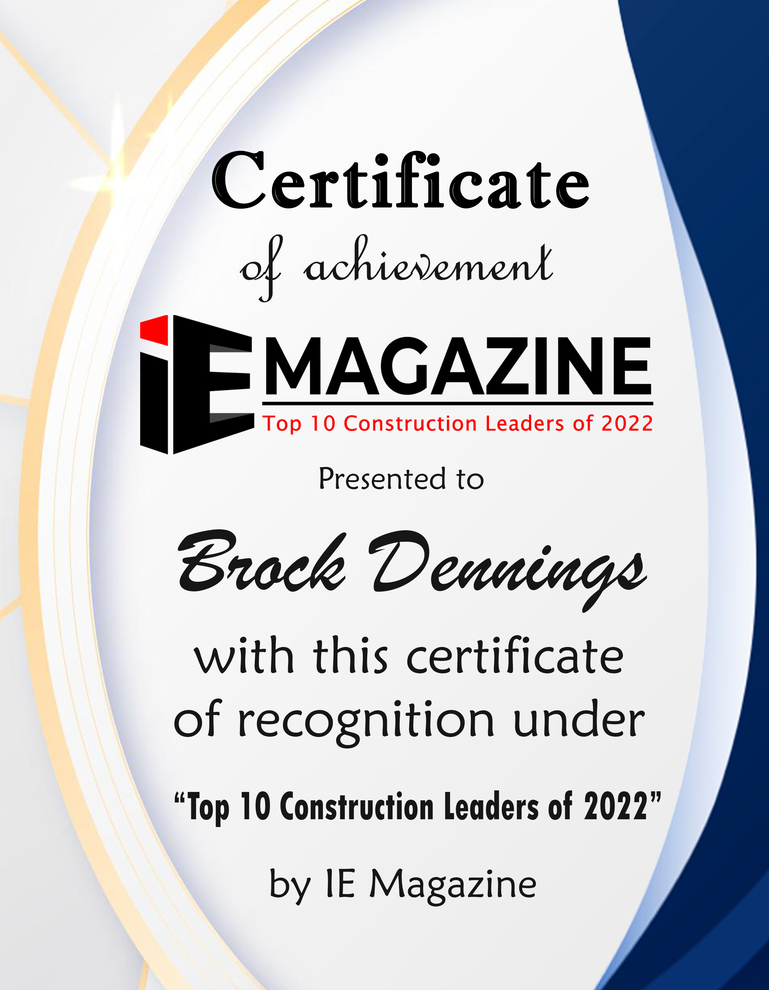 Brock Dennings, President & Owner of FED Design/Builders Certificate