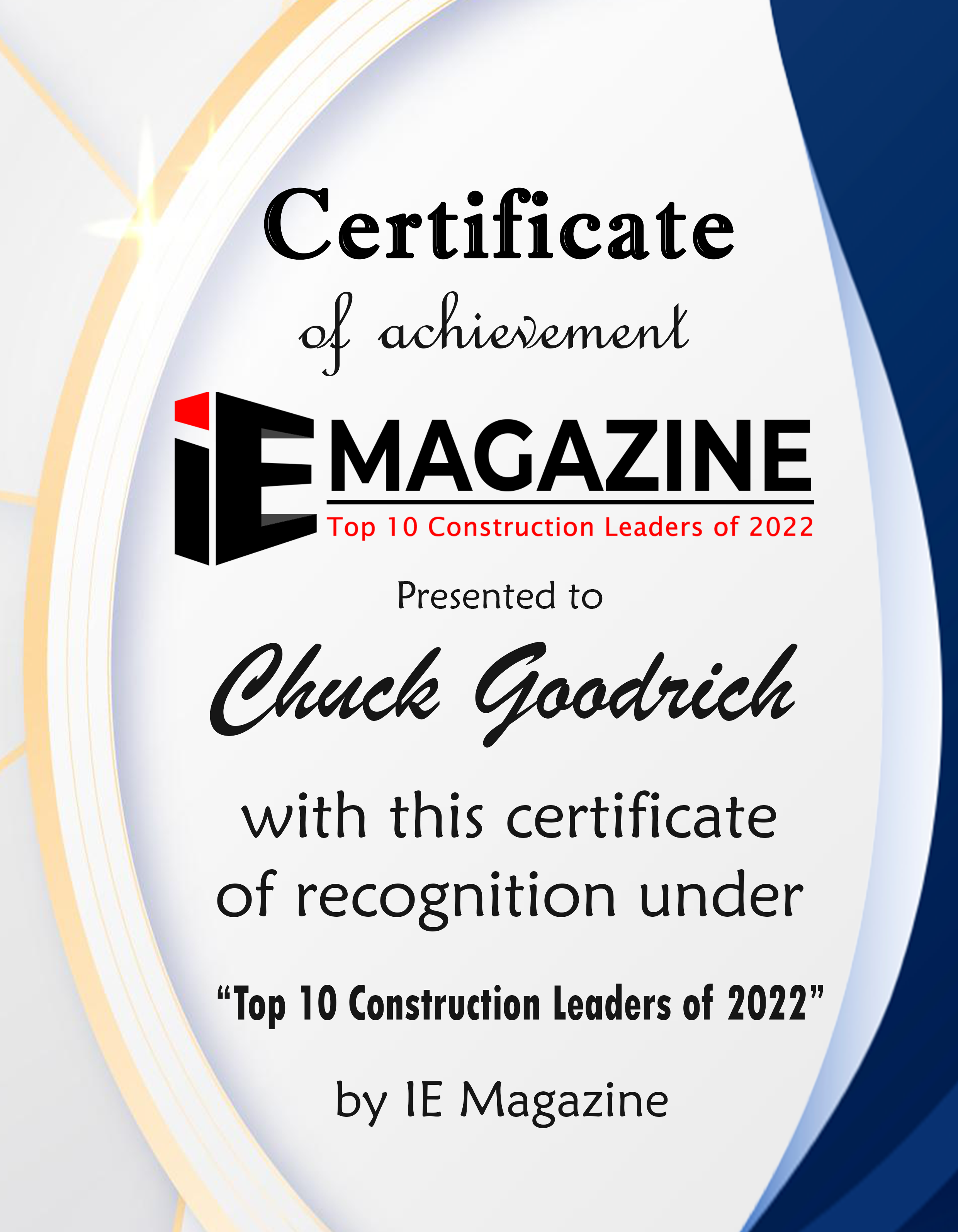 Chuck Goodrich, President & CEO of Gaylor Electric, Inc. Certificate