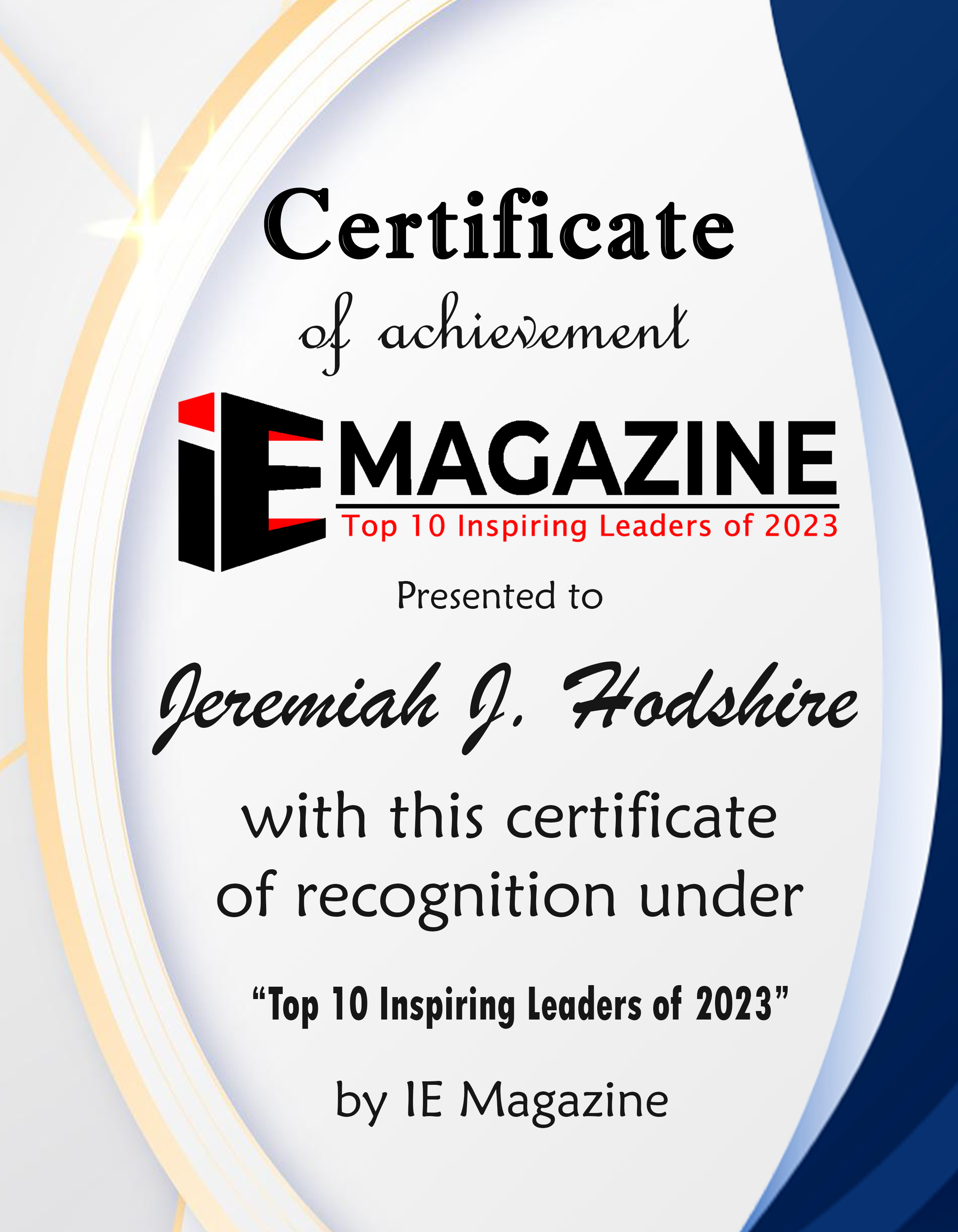 Jeremiah J. Hodshire, President and CEO of Hillsdale Hospital Certificate