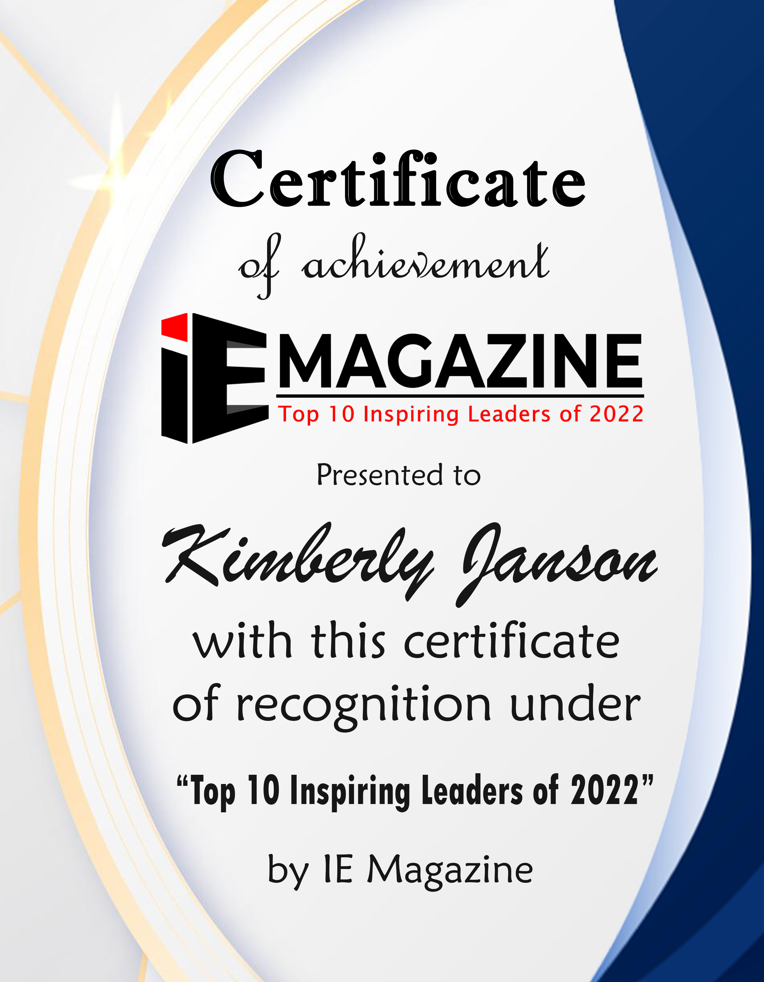 Kimberly Janson, CEO at Janson Associates, LLC Certificate