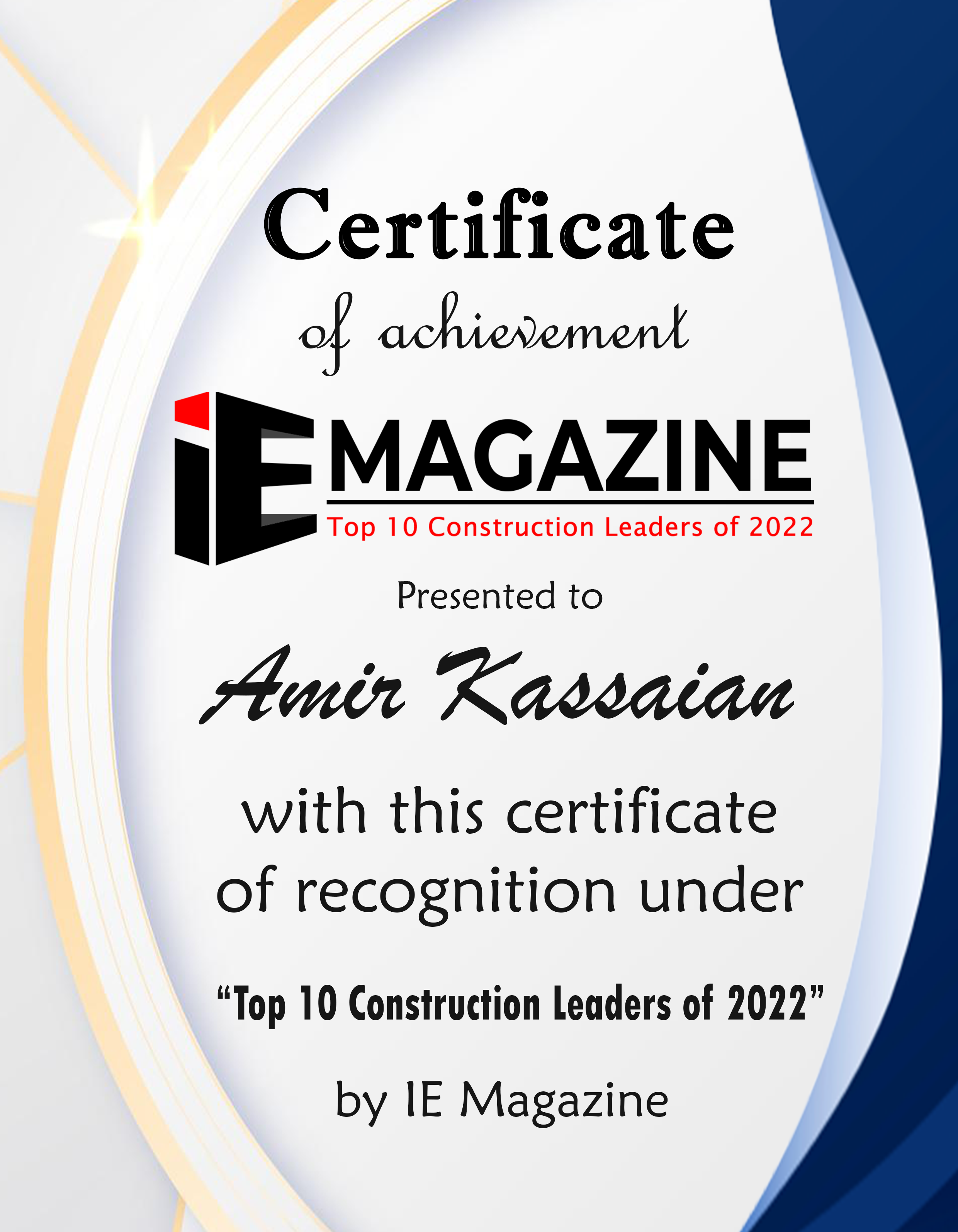 Amir Kassaian, General Manager of Luxton Construction Inc Certificate
