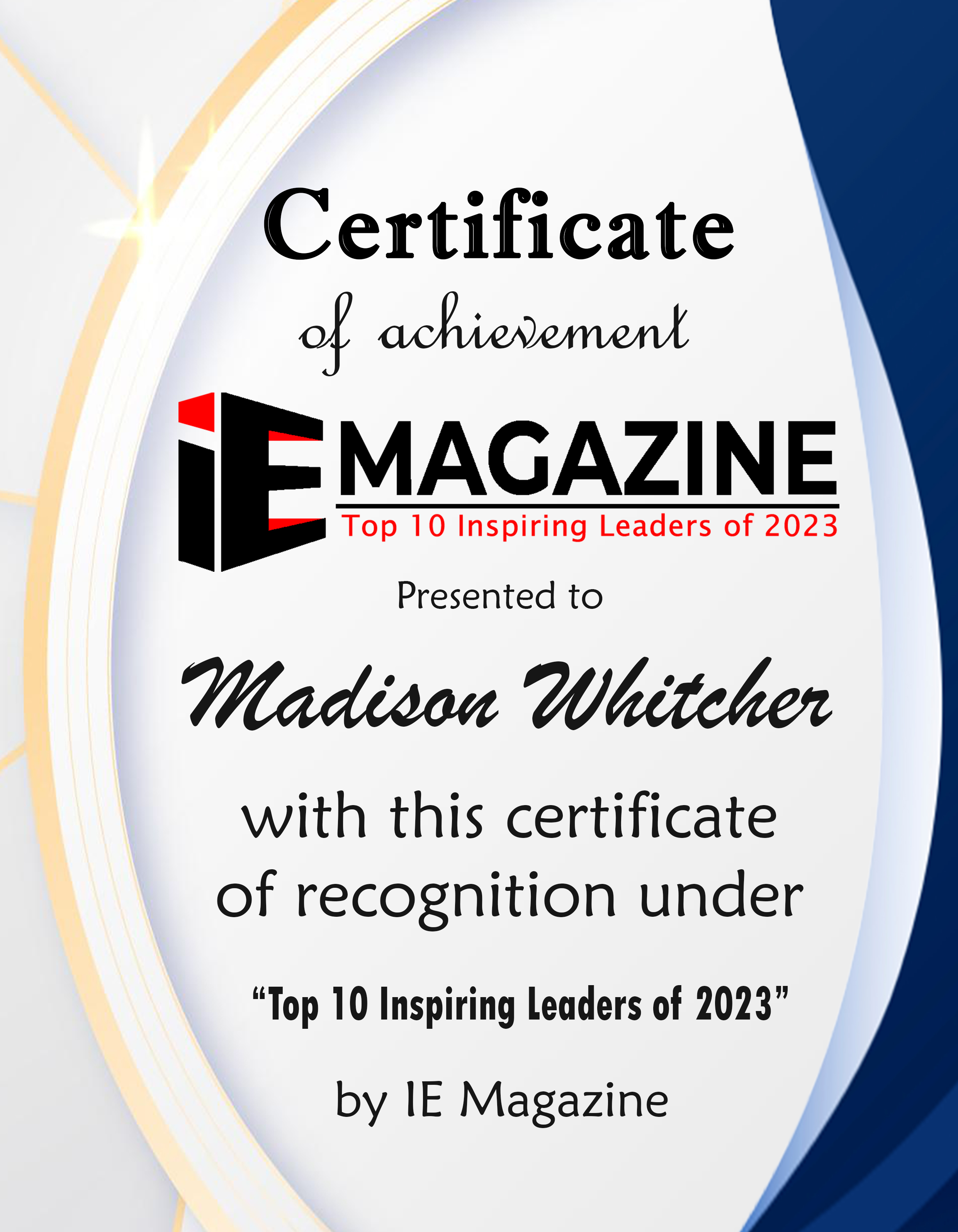 Madison Whitcher, Founder and CEO of MDZN Studio Certificate