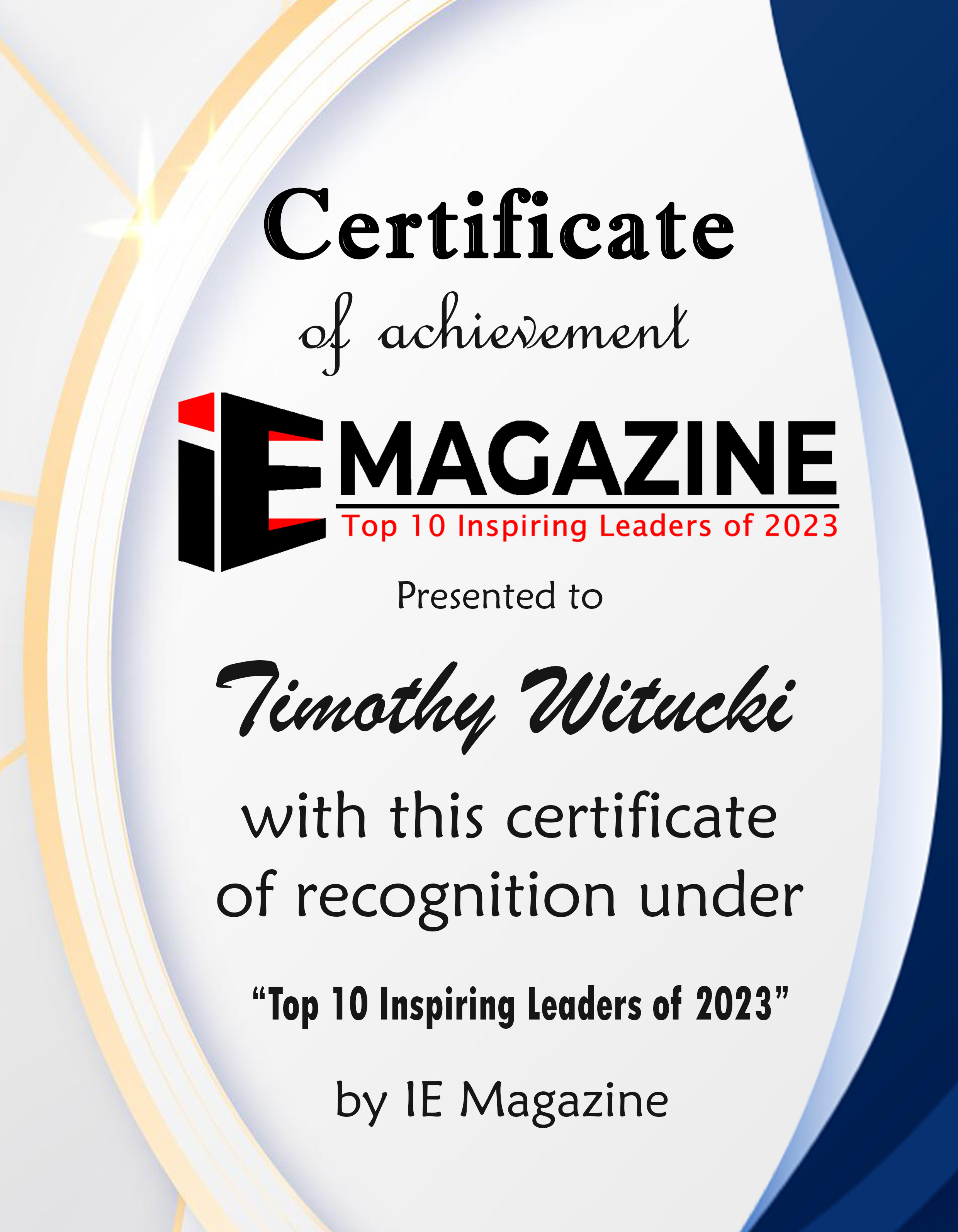 Timothy Witucki, CEO of Omada One, Top 10 Inspiring Leaders of 2023 Certificate