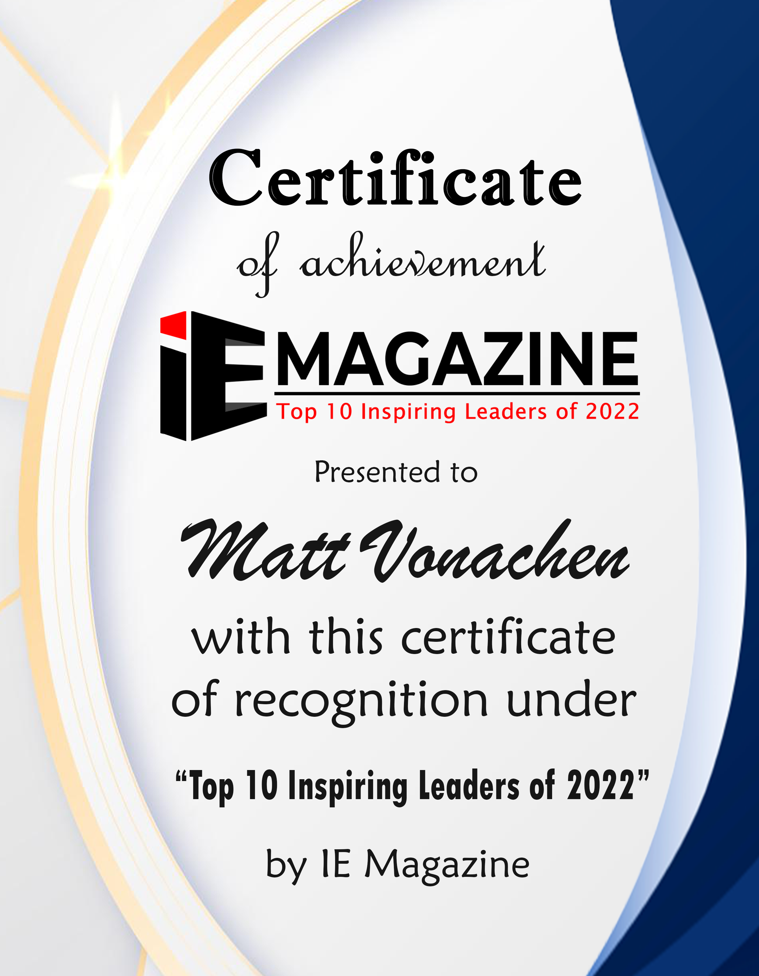Matt Vonachen, CEO of Vonachen Group Certificate