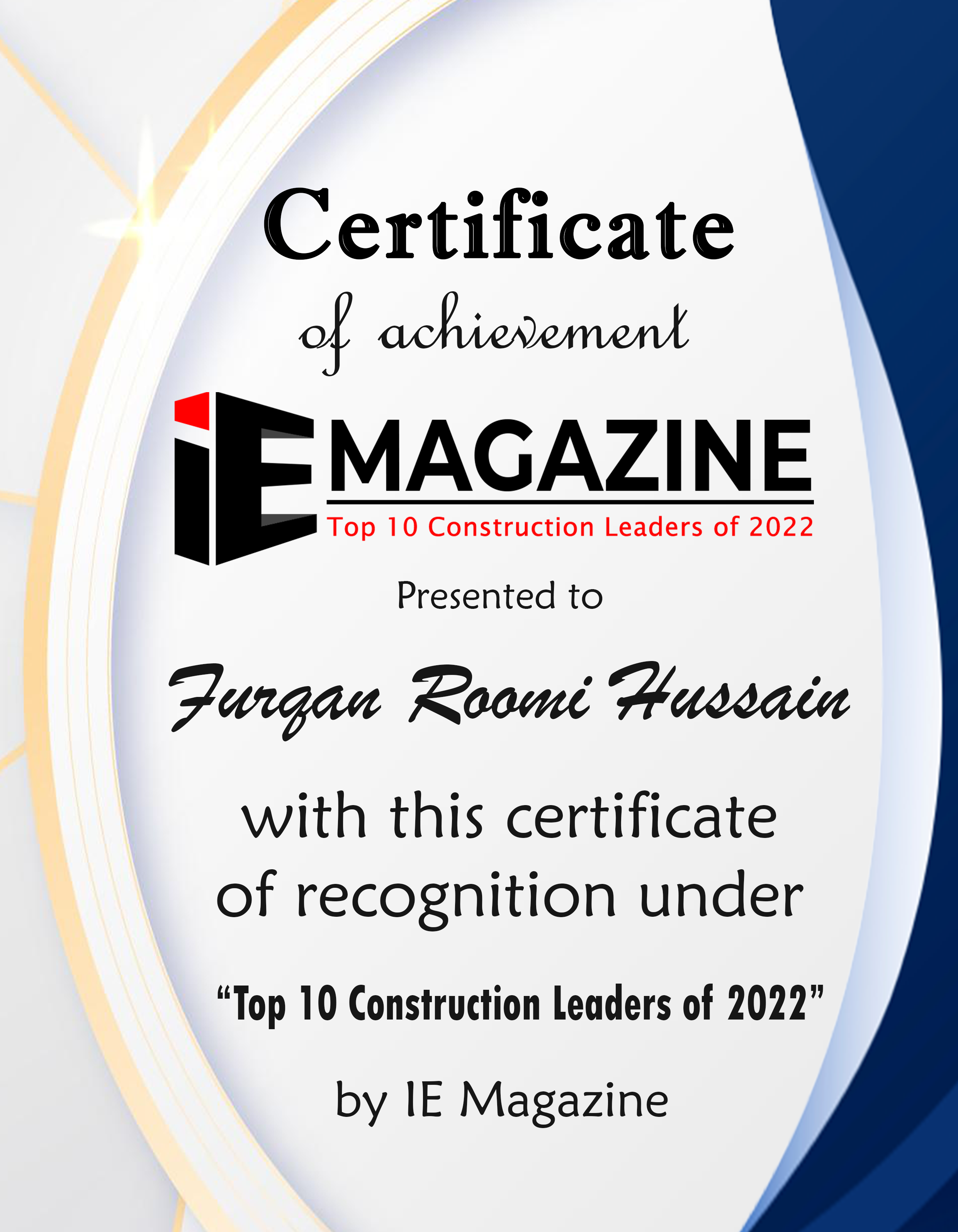 Furqan Roomi Hussain, CEO of Roomi Group Corporation Certificate